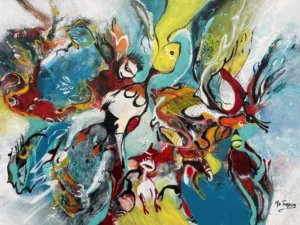 Abstract painting with swirling layered forms and gestural black lines in turquoise