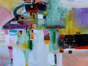 Abstract painting with layered geometric blocks