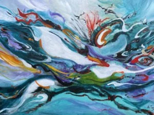 Abstract painting with sweeping turquoise and white forms