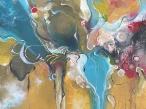 Abstract painting with flowing turquoise and gold forms