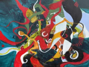 Abstract painting with sweeping red ribbons