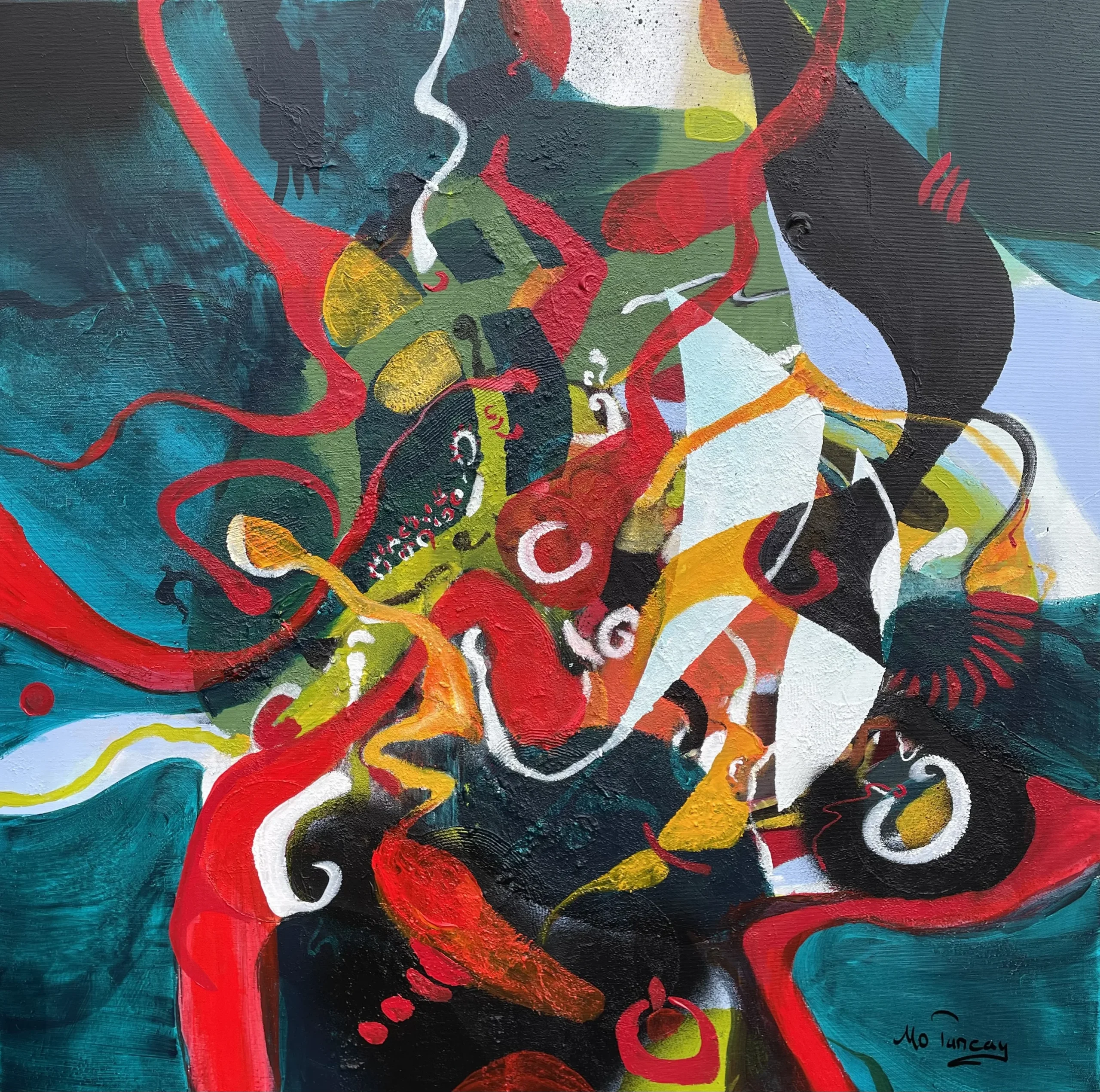 Abstract painting with sweeping red ribbons