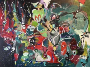 Abstract painting with colorful biomorphic and mask-like shapes