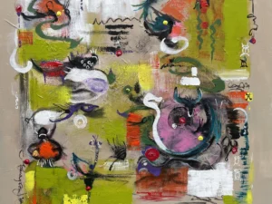 Abstract painting with lime green blocks