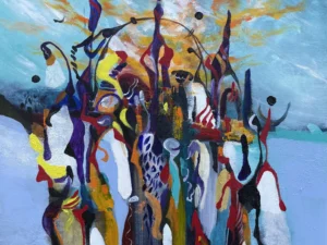 Abstract painting with clustered vertical forms in white