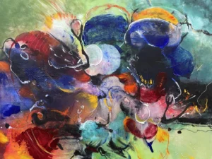 Abstract painting with layered gestural forms in blue