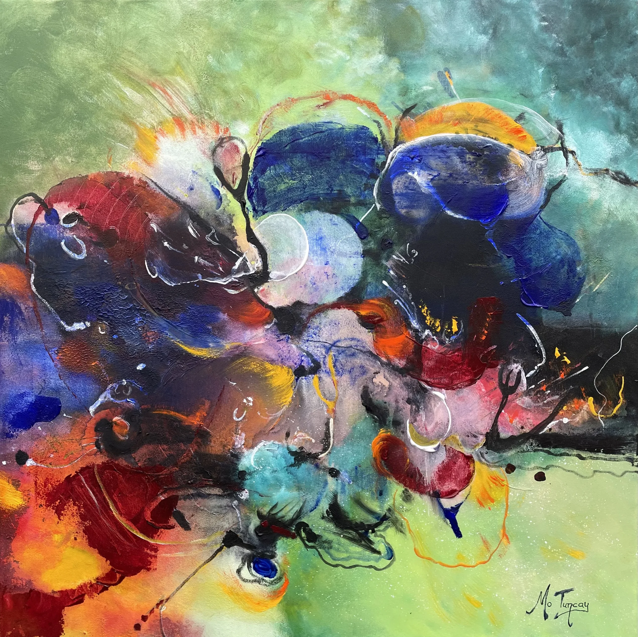 Abstract painting with layered gestural forms in blue