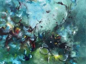Abstract painting with layered turquoise and green areas