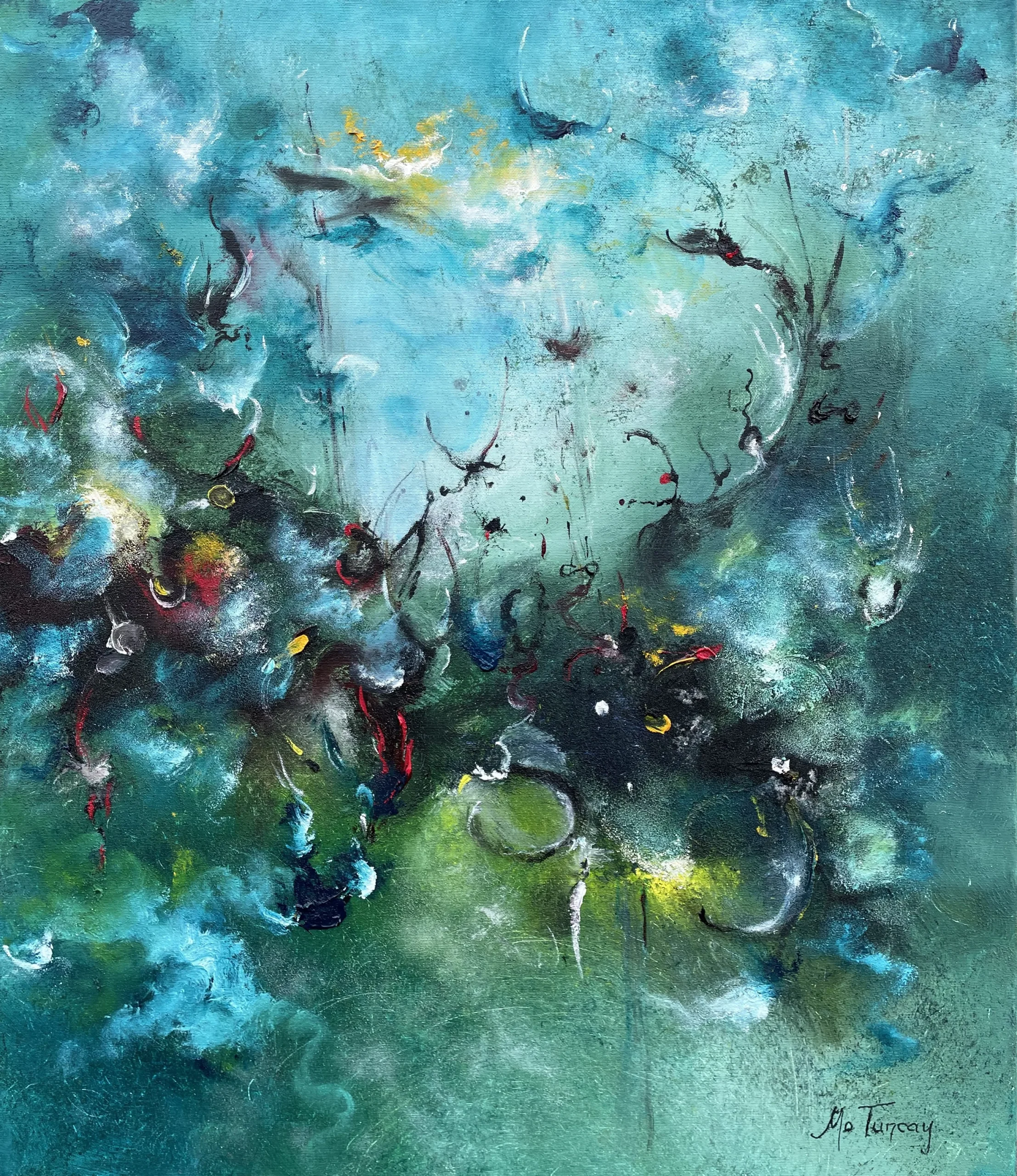 Abstract painting with layered turquoise and green areas