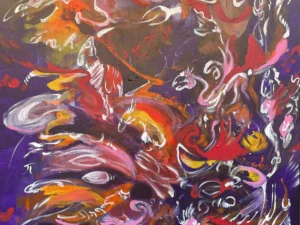 Abstract painting with energetic swirling brushstrokes and gestural marks in purple