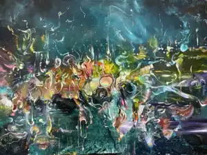 Abstract horizontal painting with a dark blue-green background