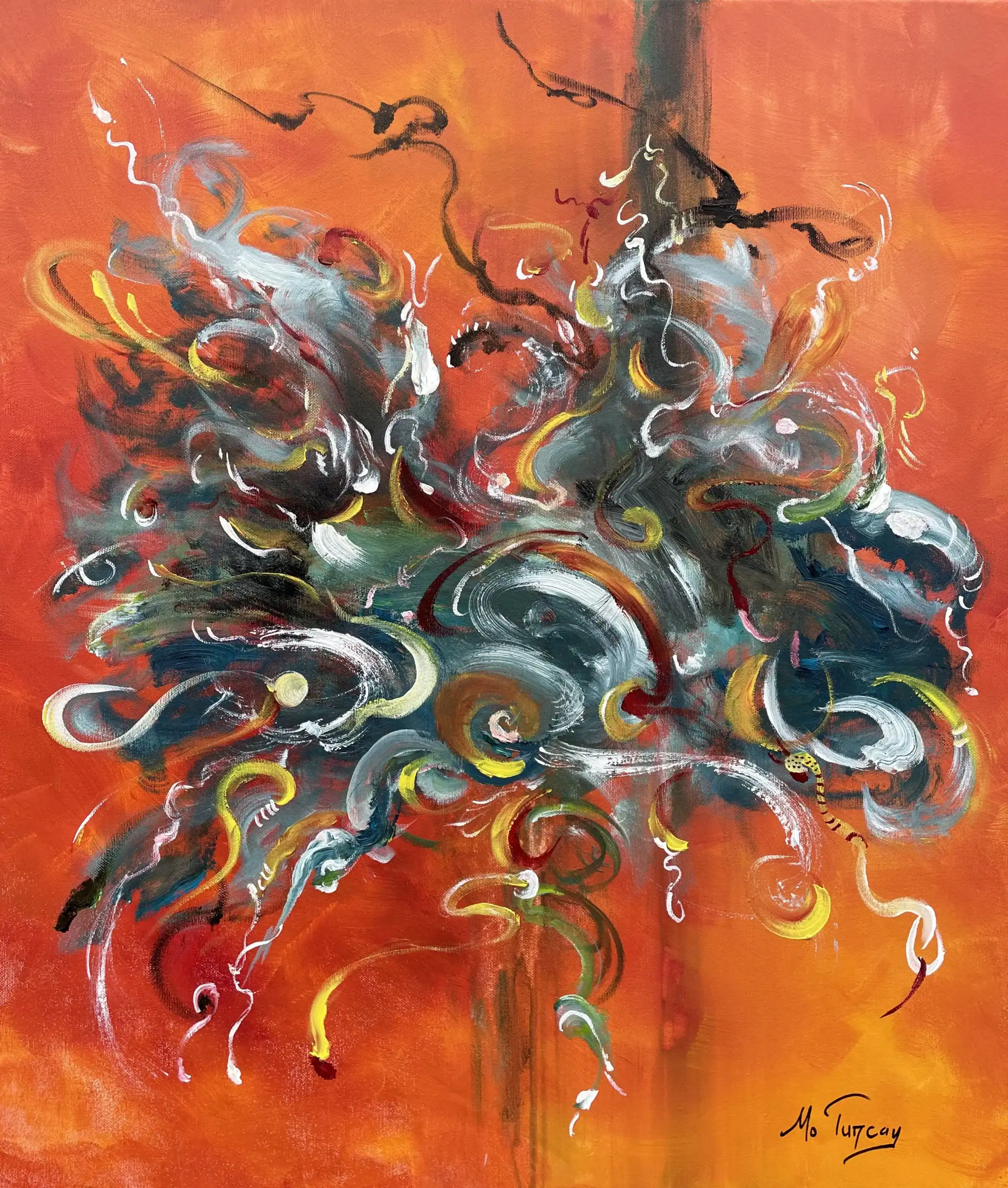 Abstract painting with swirling gray