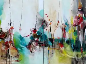 Abstract horizontal diptych painting with gestural drips