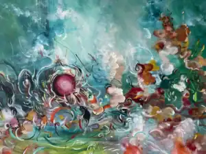 Abstract painting with swirling organic shapes