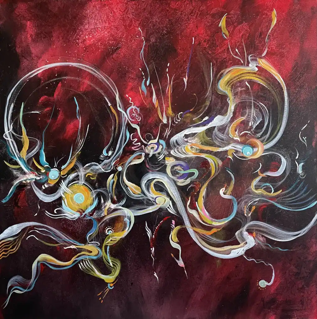 Abstract painting with swirling white