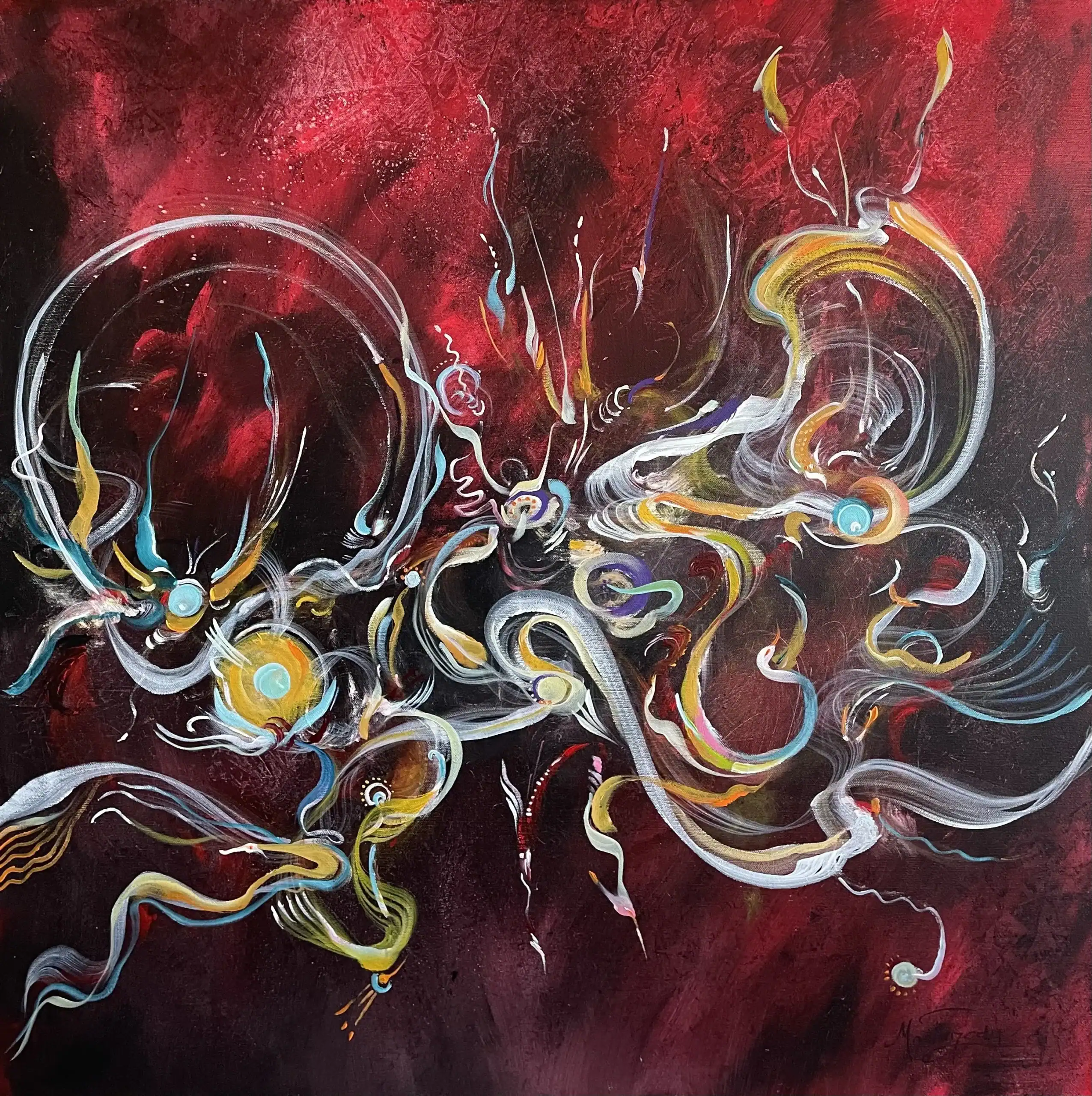 Abstract painting with swirling white