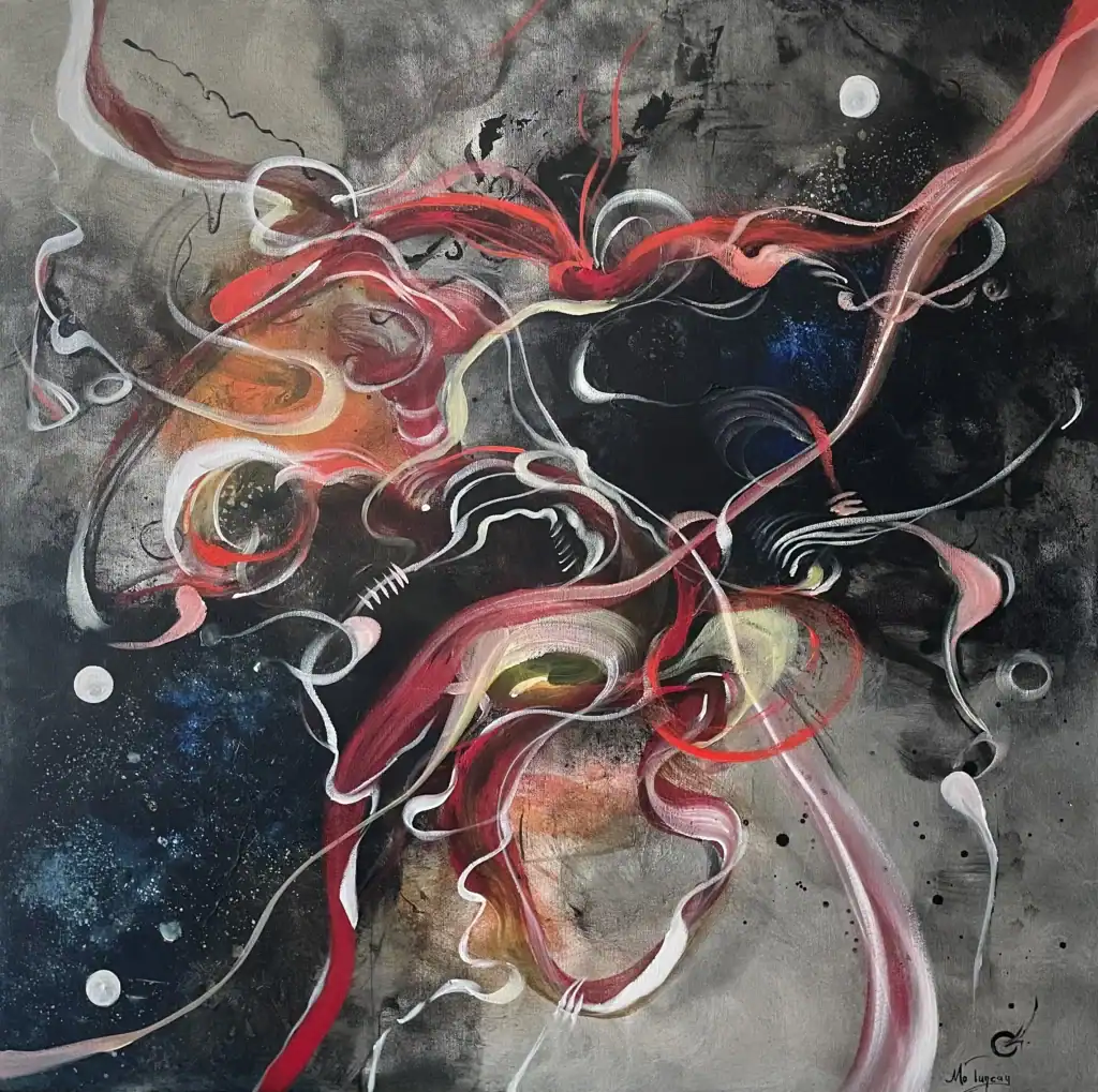 Abstract painting with flowing red