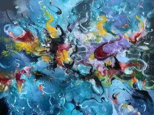 Abstract painting with swirling blue forms