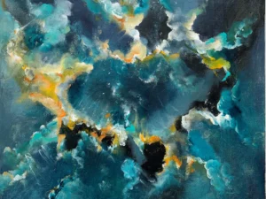 Abstract painting with swirling cloud-like forms in blue