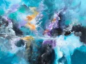 Abstract painting with layered cloud-like forms in turquoise