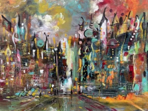 Abstract painting of a colorful city with stylized buildings