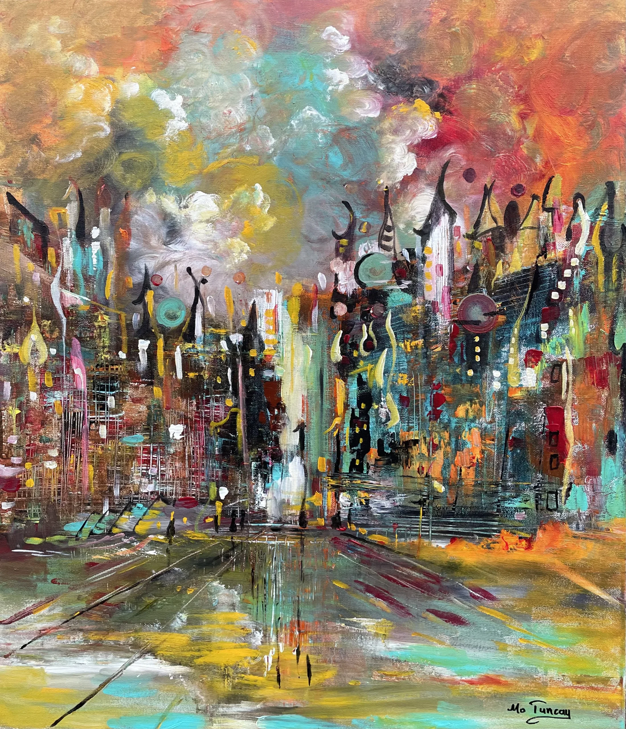 Abstract painting of a colorful city with stylized buildings