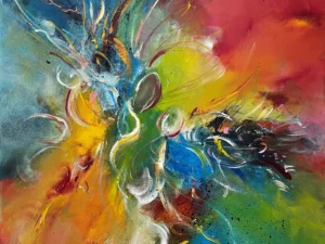 Abstract painting with a central burst of blue