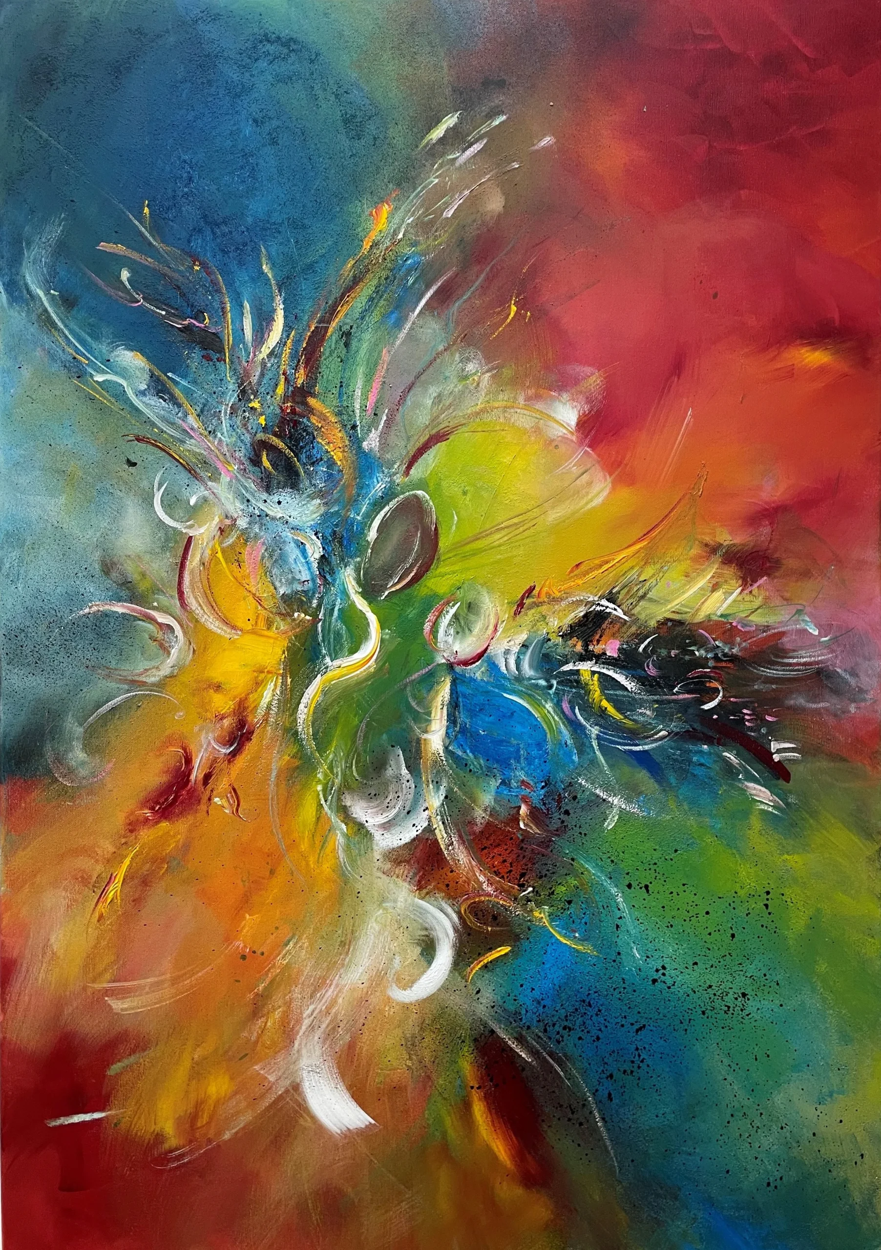 Abstract painting with a central burst of blue