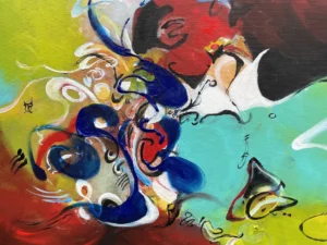 Abstract painting with swirling blue forms