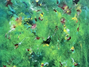Abstract painting with a textured green field and scattered white