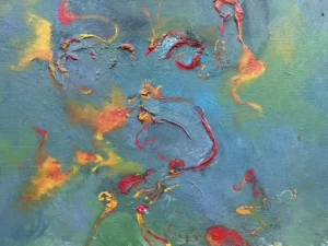 Abstract painting with a textured blue-green background and swirling red