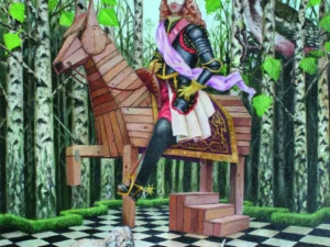 Oil painting with a masked figure in black armor seated on a wooden horse in a birch forest