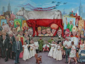 Oil painting with a large white-and-red cow standing above a crowded scene of clergy