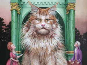 Oil painting with a large long-haired cat seated in front of a green architectural monument