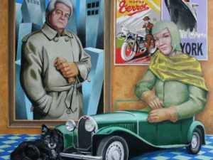 Oil painting with a seated woman in pale green beside a small green vintage car