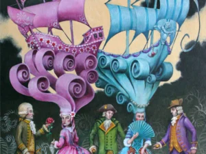 Oil painting with two fantastical sailing ships with pink and blue sails above four eighteenth-century dressed figures and a small white dog