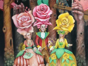 Oil painting with three elaborately dressed figures wearing large rose-shaped headdresses