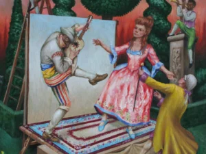 Oil painting with a staged outdoor scene of costumed figures dancing and playing music