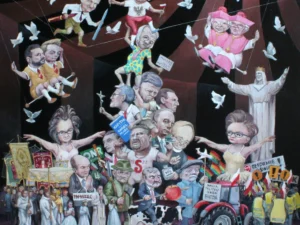 Oil painting with a dense crowd of caricatured human figures