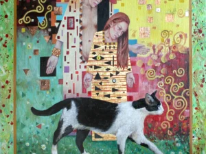 Oil painting with two female figures in patterned robes and a black-and-white cat in the foreground