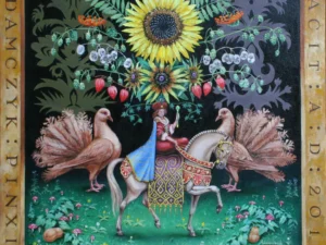 Oil painting with a crowned figure riding a pale horse between two large birds