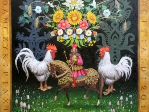Oil painting with two white roosters flanking a small rider on a brown horse beneath a large bouquet of flowers