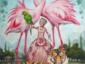 Oil painting with two pink flamingos