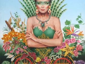 Oil painting with a frontal woman in a green dress surrounded by flowers