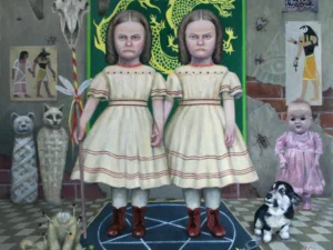 Oil painting with two identical girls standing hand in hand in a gray interior