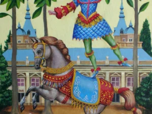 Oil painting with a costumed acrobat standing on a rearing gray horse in front of a palace and trees
