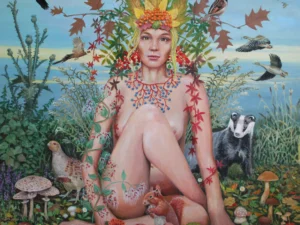 Oil painting with a seated nude woman surrounded by autumn leaves