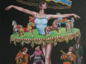 Oil painting with a central ballerina en pointe beneath a blue carousel canopy