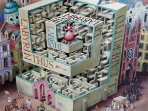 Oil painting with a large cubic labyrinth made of letters and words
