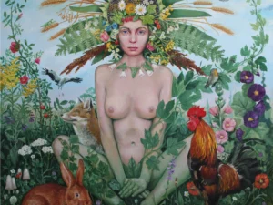 Oil painting with a seated nude woman centered among dense green plants